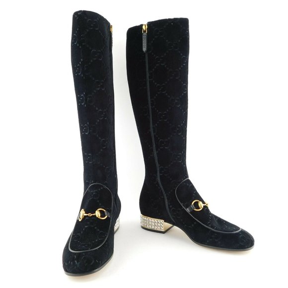 New GUCCI GG Logo Horse Bit Velvet Crystal Block Heel Boots 37 - Picture 1 of 11